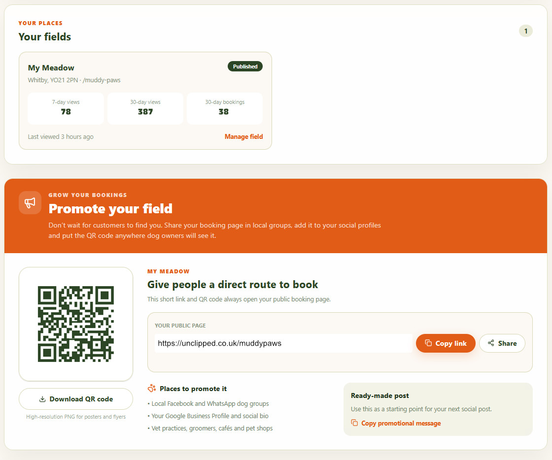 Unclipped promotion dashboard with a public booking link, downloadable QR code and social sharing tools